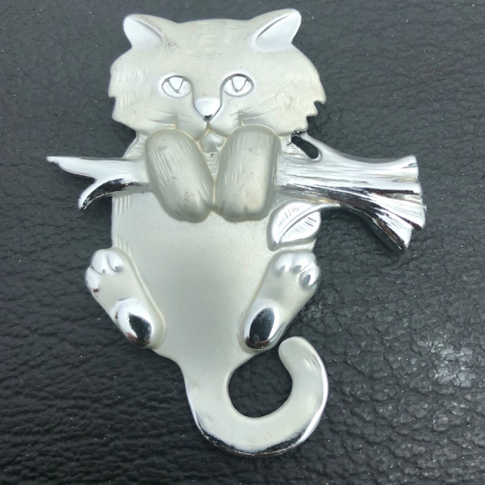 AJC Vintage Cat Hanging on Branch Brooch Pin